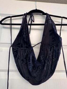 Garage Navy Velvet Floral Halter Top